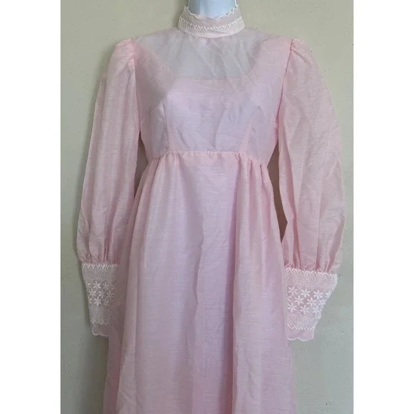 Vintage 70s Handmade Maxi Dress Baby Pink Lace Cottagecore Puff S M High Neck